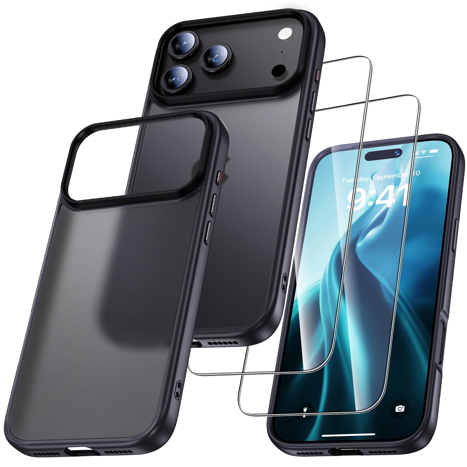 UniqueMe für iPhone 17 Pro Max Hülle - Handyhülle für iPhone 17 Pro Max Case, Rundumschutz Hülle Set Schutzhülle Cover, 1 Handyhülle & 2 Schutzfolie - Matt Schwarz