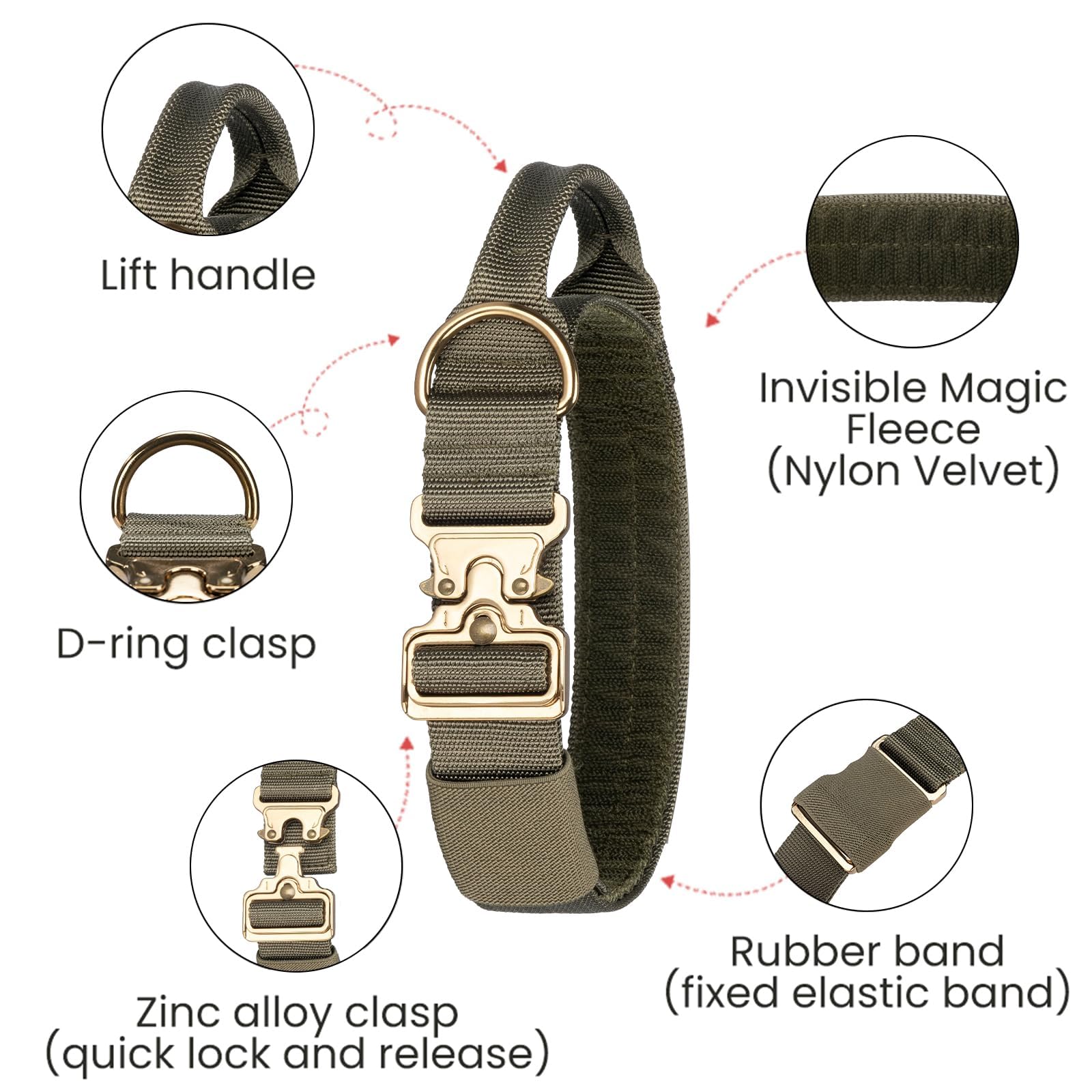 EXCELLENT ELITE SPANKER Milltary Adjustable Dog Collars Tactical Nylon Dog Collar Heavy Duty Dog Collar with Metal Buckle and Control Handle(Army Green) - Image 3