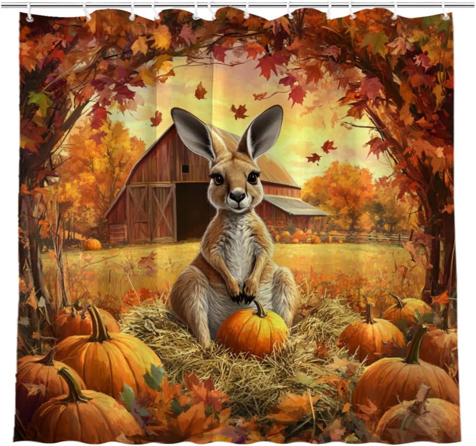Fall Harvest Horse Shower Curtain Funny Autumn Pumpkin Maple Leaves Farmhouse Barn Country Scenery Bath Bathroom Accessories Decor with Hooks 72W x72L