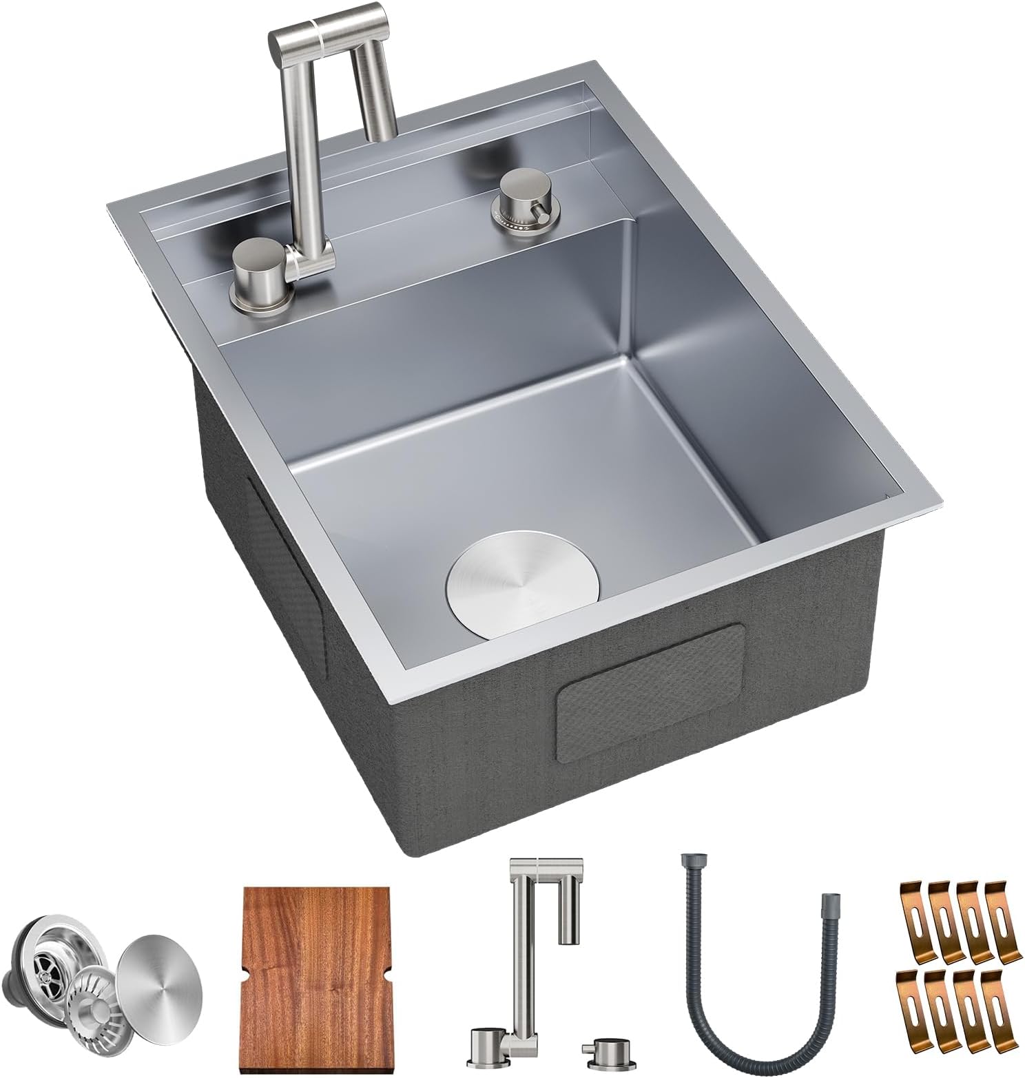 TORVA RV Kitchen Sink, 16 x 21 x 9 Inch Undermount Bar Sink 16 Gauge Stainless Steel Single Bowl Sink with Foldable Faucet Cutting Board, Grey