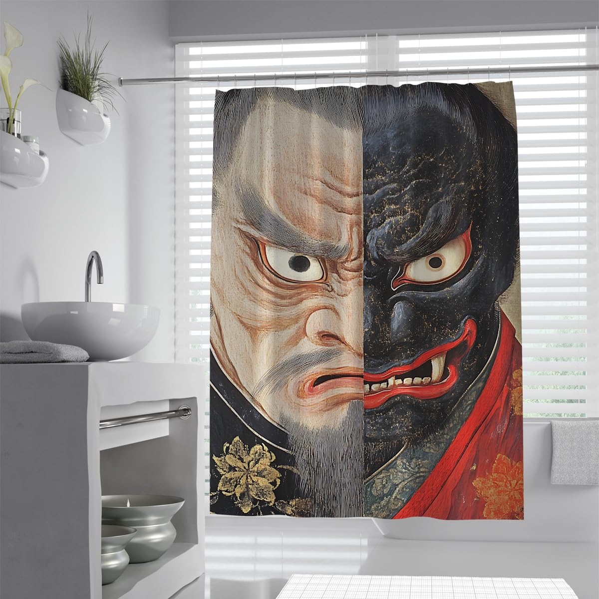 Uiringart Shower Curtains Vintage Asian Warrior Bathtub Curtain W160xl200cm Half Black Demon Antique Portrait Painting Water Repellent Quick Dry Rustproof Grommets Polyester Bath Decor For Bathroom