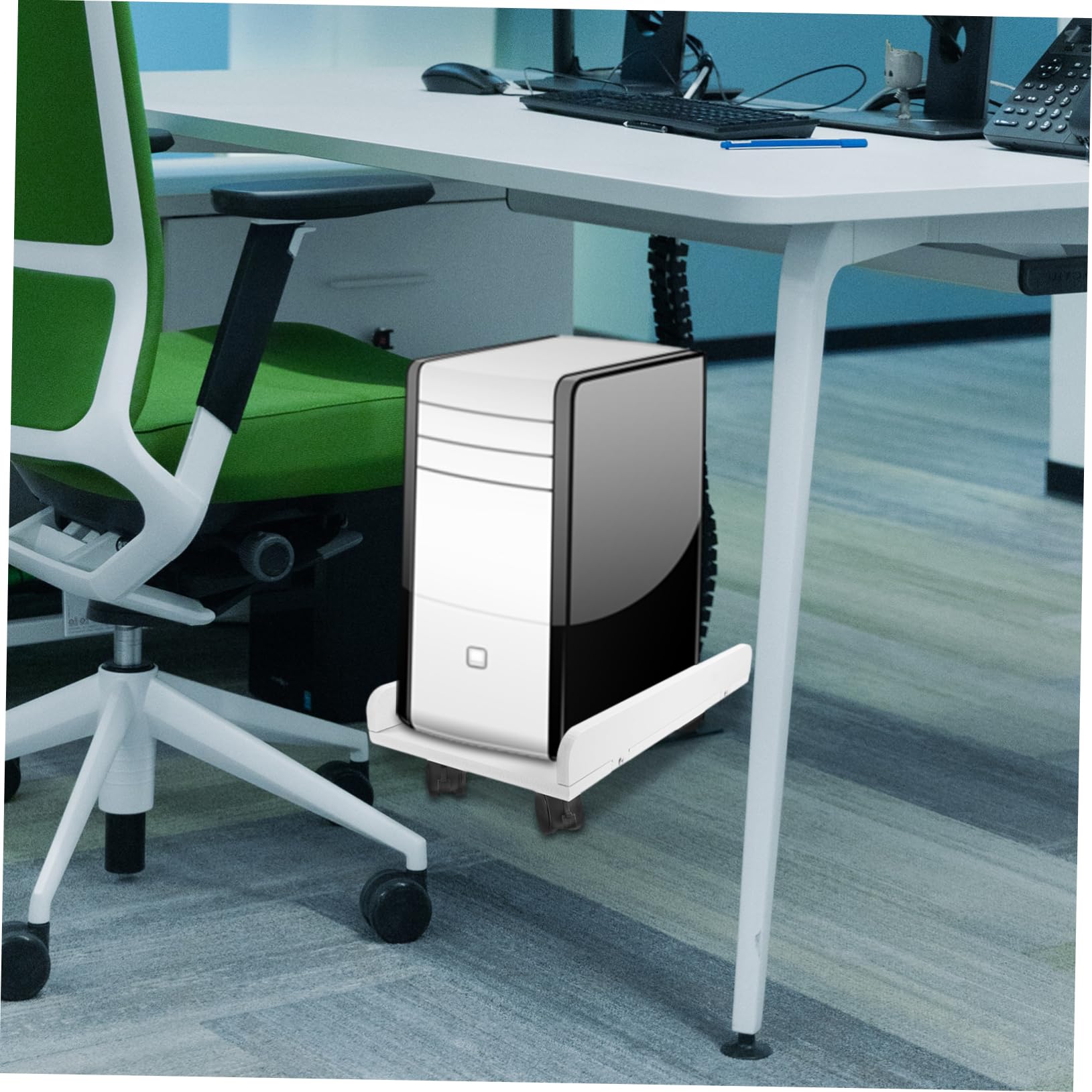 Supporto Torre Computer Rotelle per Scrivania Ufficio, Porta PC Bianco in Legno e Plastico, Salvaspazio Elevata Capacità di Carico per Postazione Gaming
