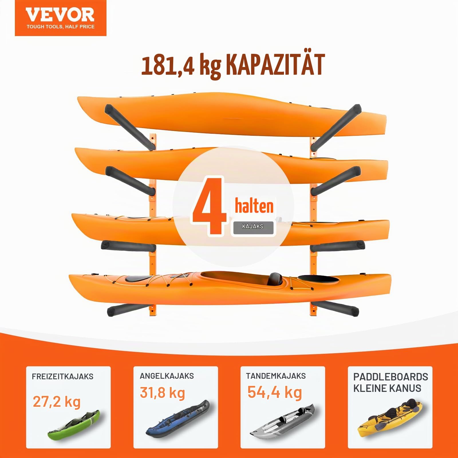 VEVOR Kayak Wandalterung Kajak Aufhänger 1168 x 850 x 45 mm, Kajakständer 4 Kajaks 797,5 ± 10 mm Stützarmlänge, 181,6 kg Tragfähigkeit Kajak Aufbewahrungsregal Robuste Kajak-Aufbewahrungshaken