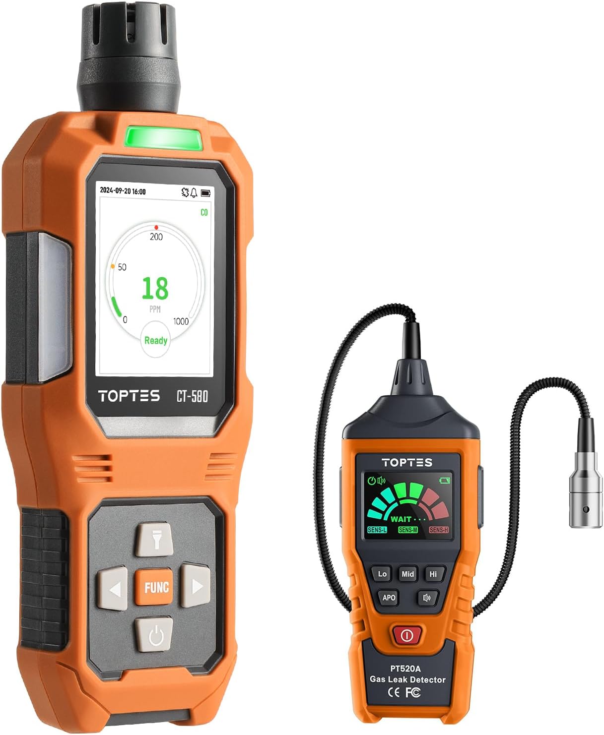TOPTES CO & Gas Detector Set: CT-580 Carbon Monoxide Detector & PT520A Natural Gas Detector with Gooseneck