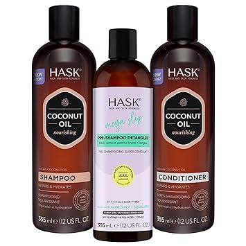 HASK Coconut Hair Care Bundle Nourishing Shampoo + Conditioner Set with Mega Slip Pre-Shampoo Detangler