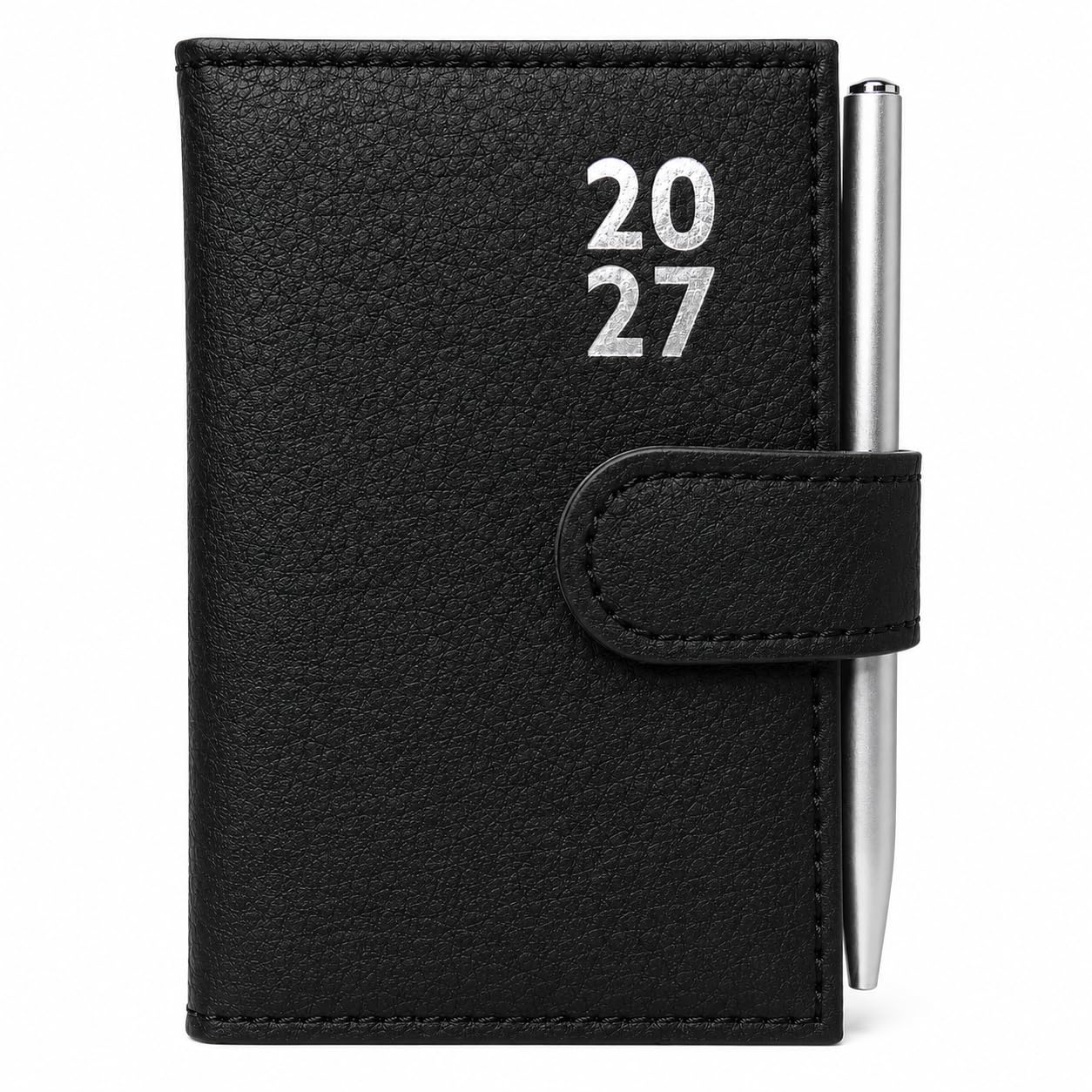 Sixstore Day a Page 2027 Page a Day Pocket Diary Soft Leather Feel Size 10.7 x 7cm PU Leather Diary Ribbon Marker with Pen, Black