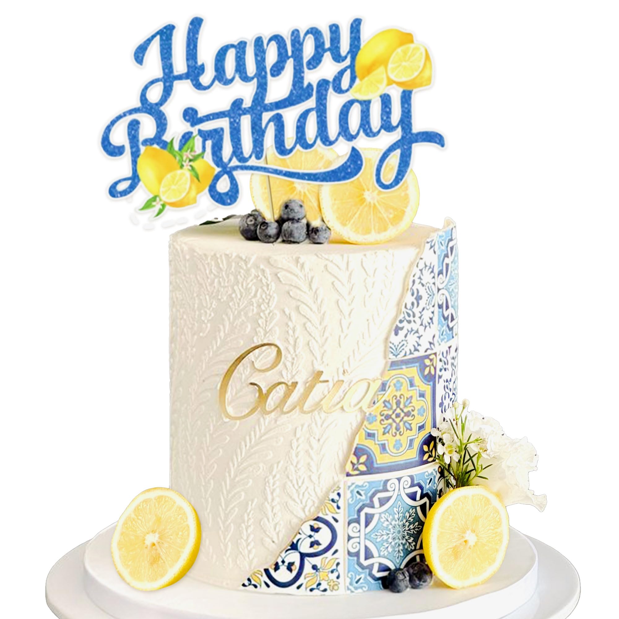 Blue Tile Lemon Birthday Cake Decorations and Toppers for Lemon Theme Party