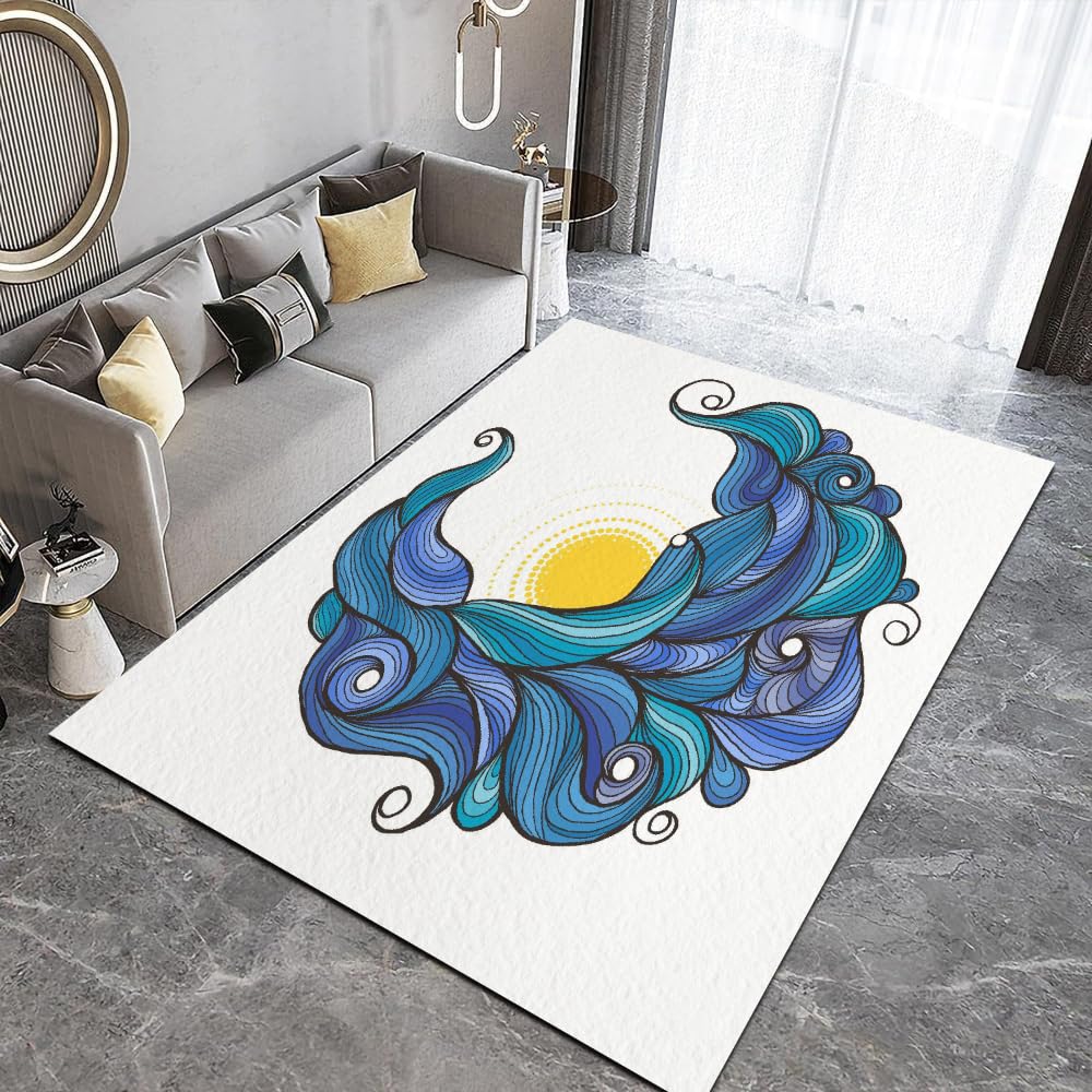 Tapis de Salon 100x150cm Vagues De Kanagawa Velours Cristal Doux Tapis Japon 3D Motif Tapis Chambre d'enfants Canapé Tapis avec Dos en Caoutchouc Antidérapant Carpettes