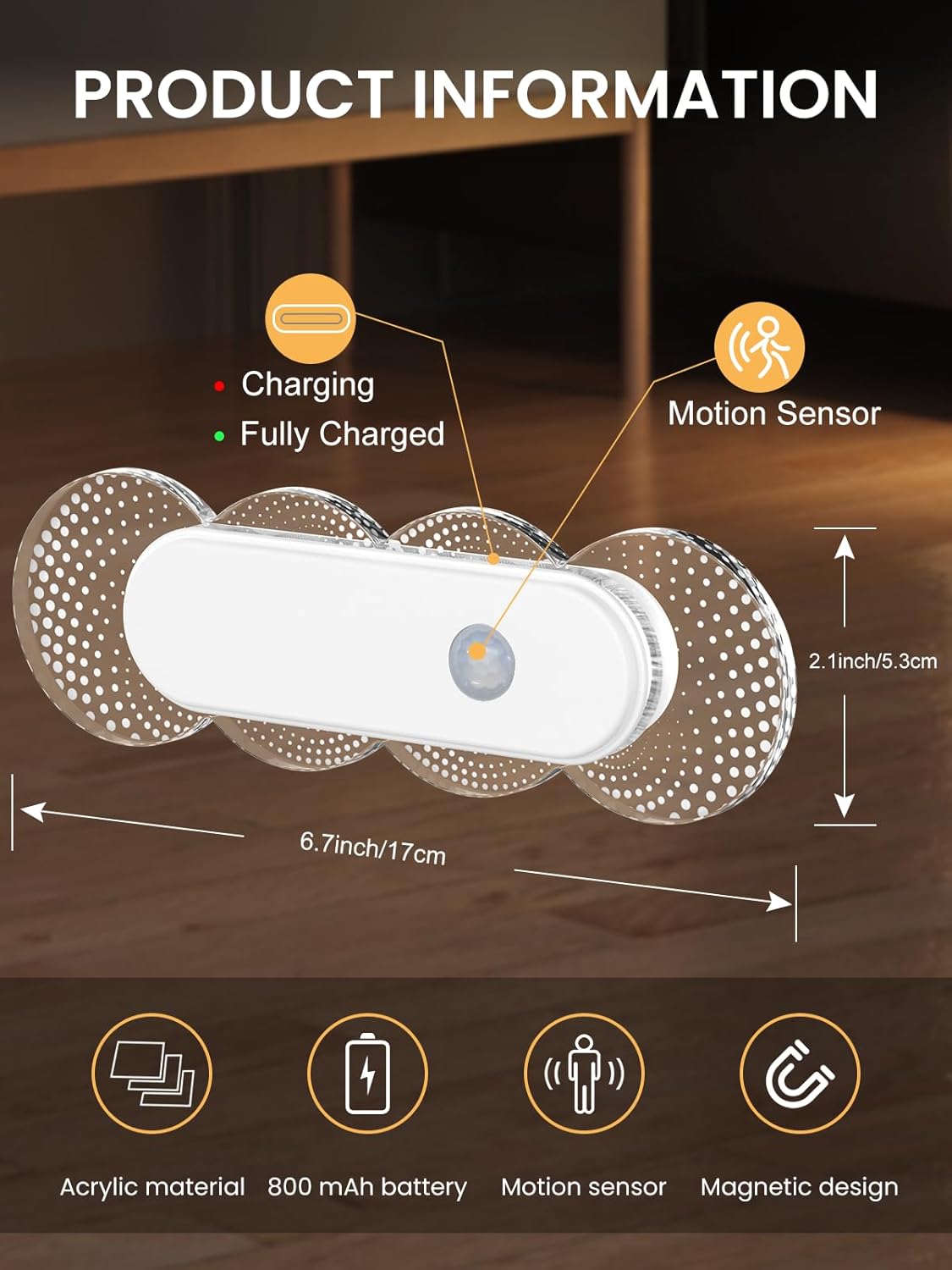 Motion Sensor Night Light for Bathroom & Toilet, Rechargeable Wireless Stick-On Indoor Lights, Magnetic No Drill for Hallway Stairs Bedroom, Warm White 3000K LED, Auto On/Off, 2 Pack