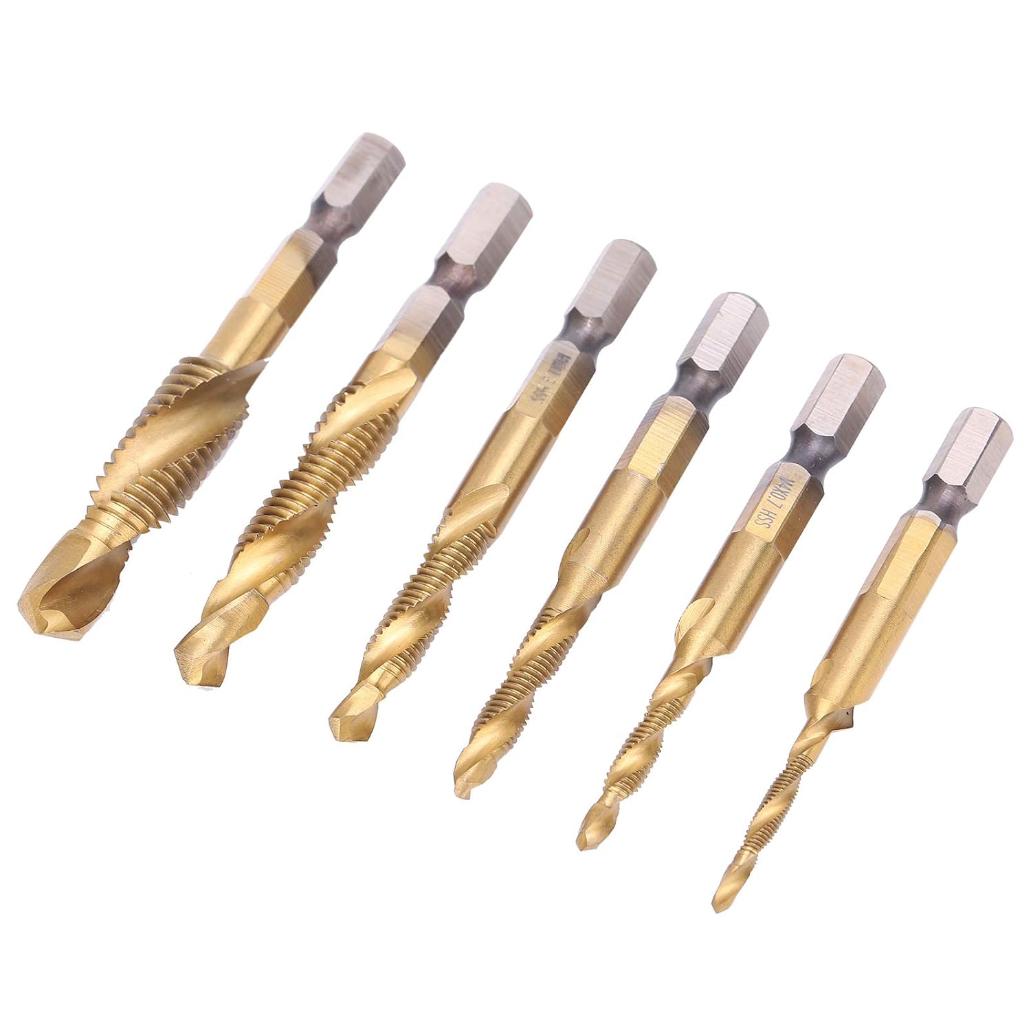 6pcs Screw Tap Drill Bits Kit, High Speed Steel M10 M8 M6 M5 M4 M3 Tapping Tools with Coating for Carbon Steel Copper Aluminum (Long 17-32in)