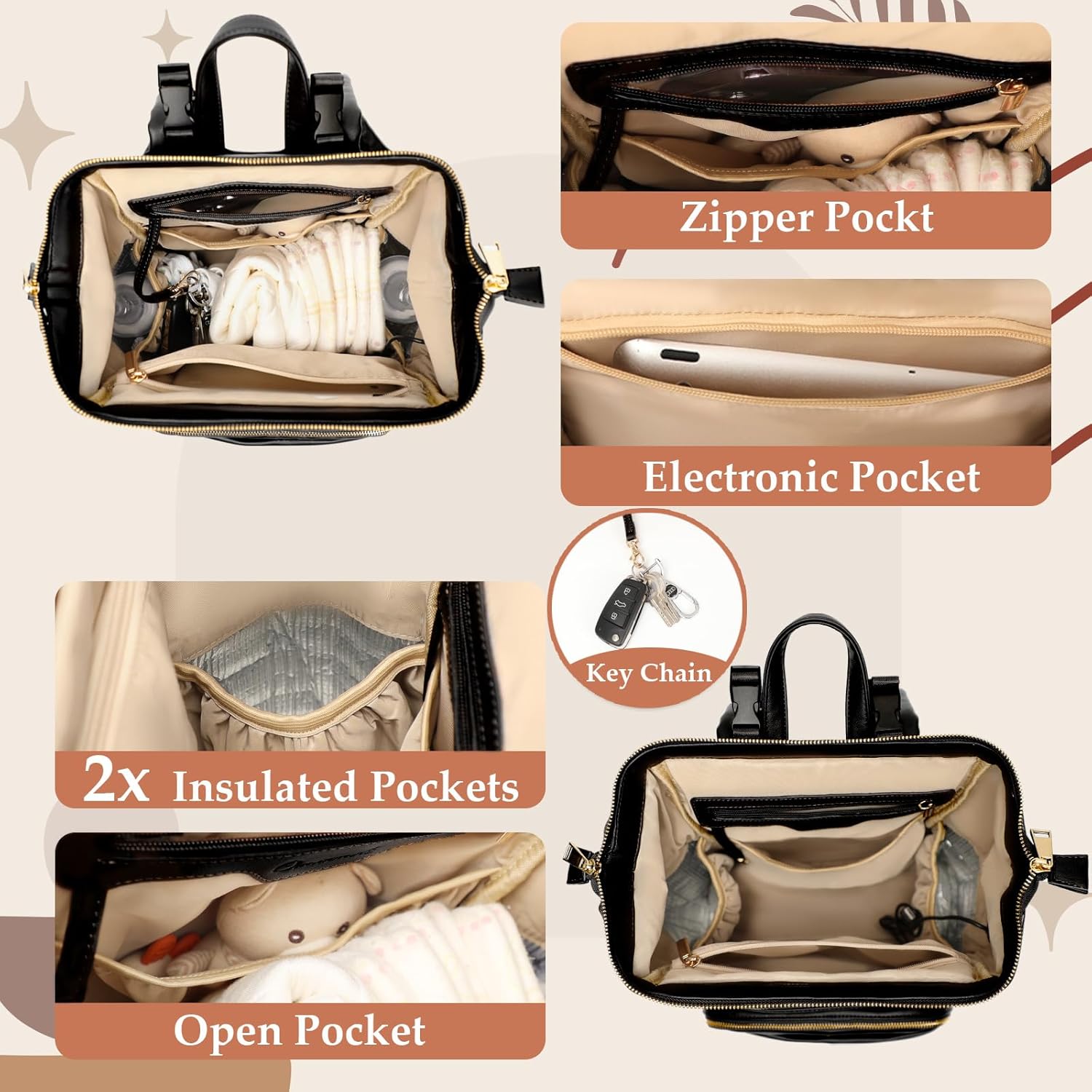 Omanmoli Small Diaper Bag Mini Diaper Bag Backpack Leather Diaper Bag With 12 Pockets Baby Travel Bag,2 Insulated Pockets,USB Charging Port,Stroller Straps,Black