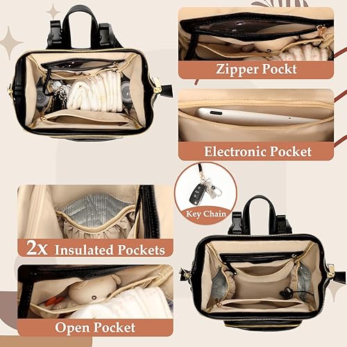 Miniatura 5 de Pequeña bolsa de pañales de cuero con 12 bolsillos, bolsa de viaje para bebé, 2 bolsillos aislados, puerto de carga USB, correas para cochecito,