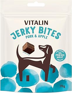 Vitalin Pork & Apple Jerky Bites - Natural Dog Treats with 70% Fresh Meat & Sweet Potato - High-Protein Training Rewards & Healthy Snacks for Puppies & Adult Dogs - Air-Dried, 70g (Pack of 6)