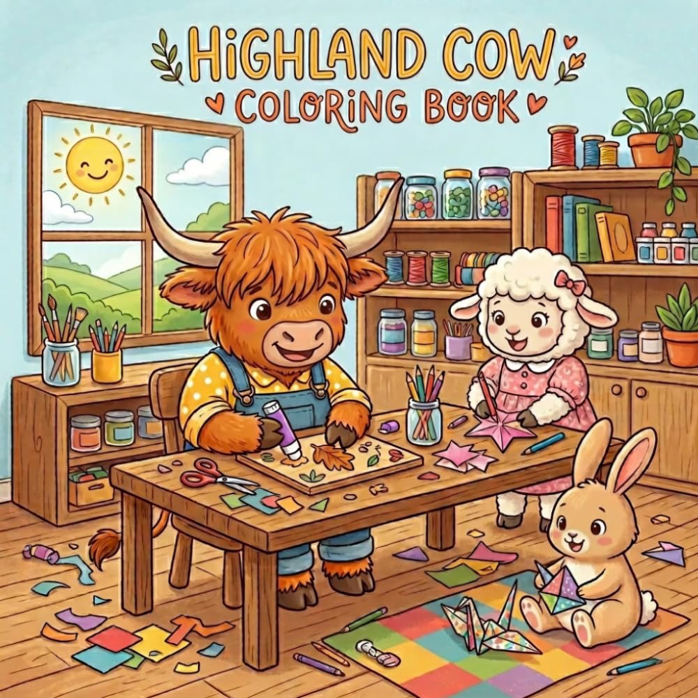 Highland Cow Coloring Book: 46 Cute Friendship Scenes with Highland Cows and Animal Friends