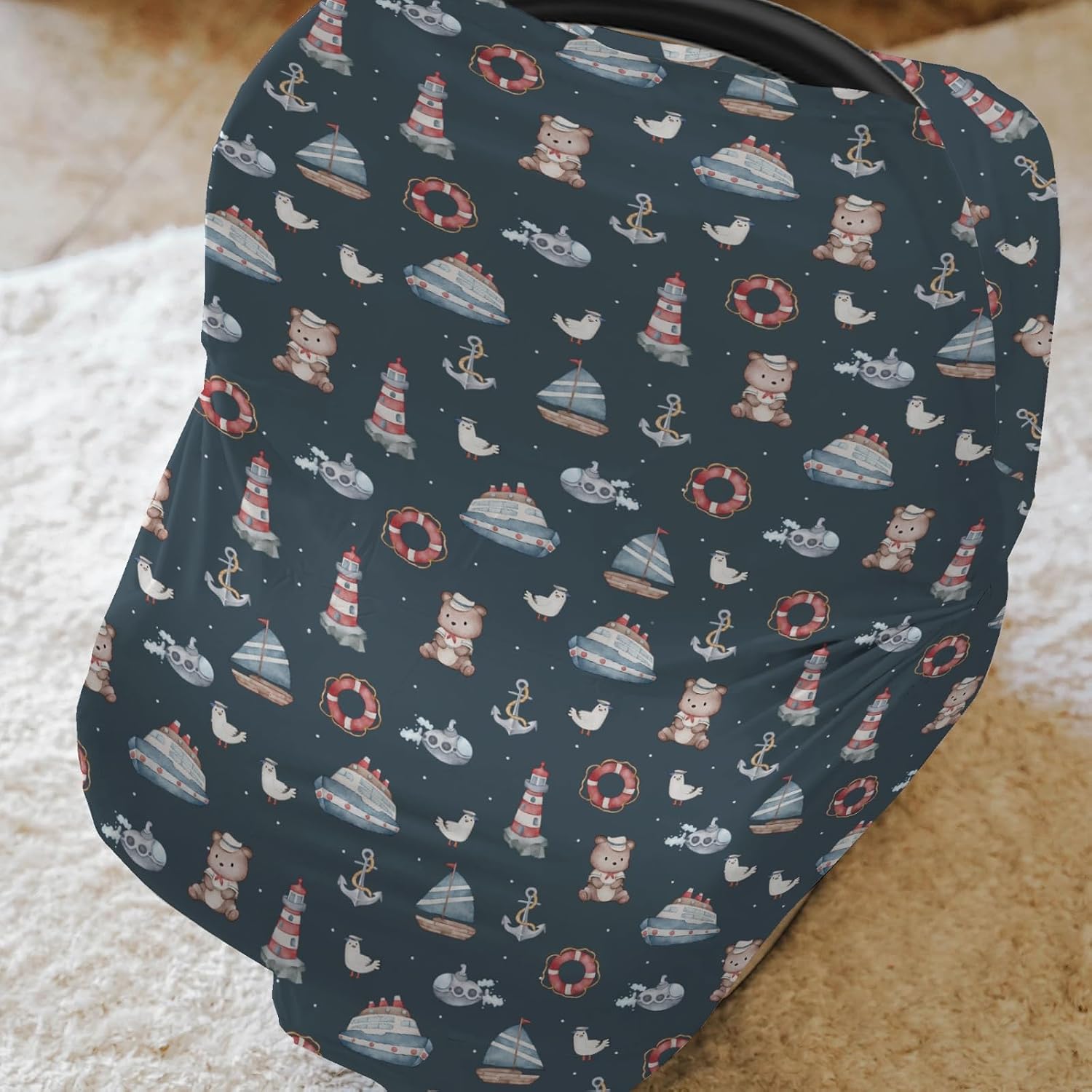 Navy Blue Sailor Bear Watercolor Baby Car Seat Covers Bear Lighthouse Anchors Boats Stretchy 5-in-1 Cover Adjustable Infant Carseat Cover Canopy Coastal Nautical Breathable Nursing Cover-Up