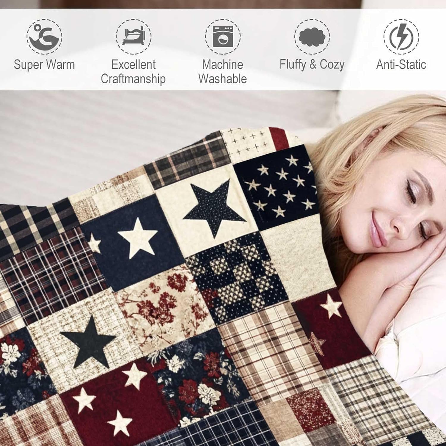 Printed Faux Patchwork Americana Throw Blanket | Faux Quilt Look | Country Farmhouse Fleece Gifts for Women and Men | Rustic Home Decor for Couch and Bed | 50x60 inches