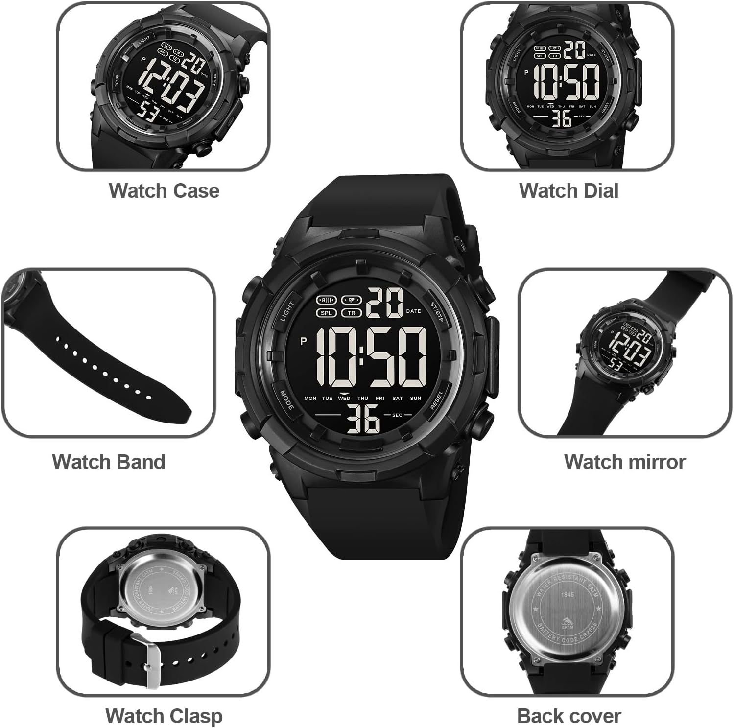 XCZAP Men's Black Sports Watch - Large Face Chronograph Military Wristwatch with Luminous Hands, Waterproof Casual Silicone Strap for Outdoor and Daily Use - Gift for Men