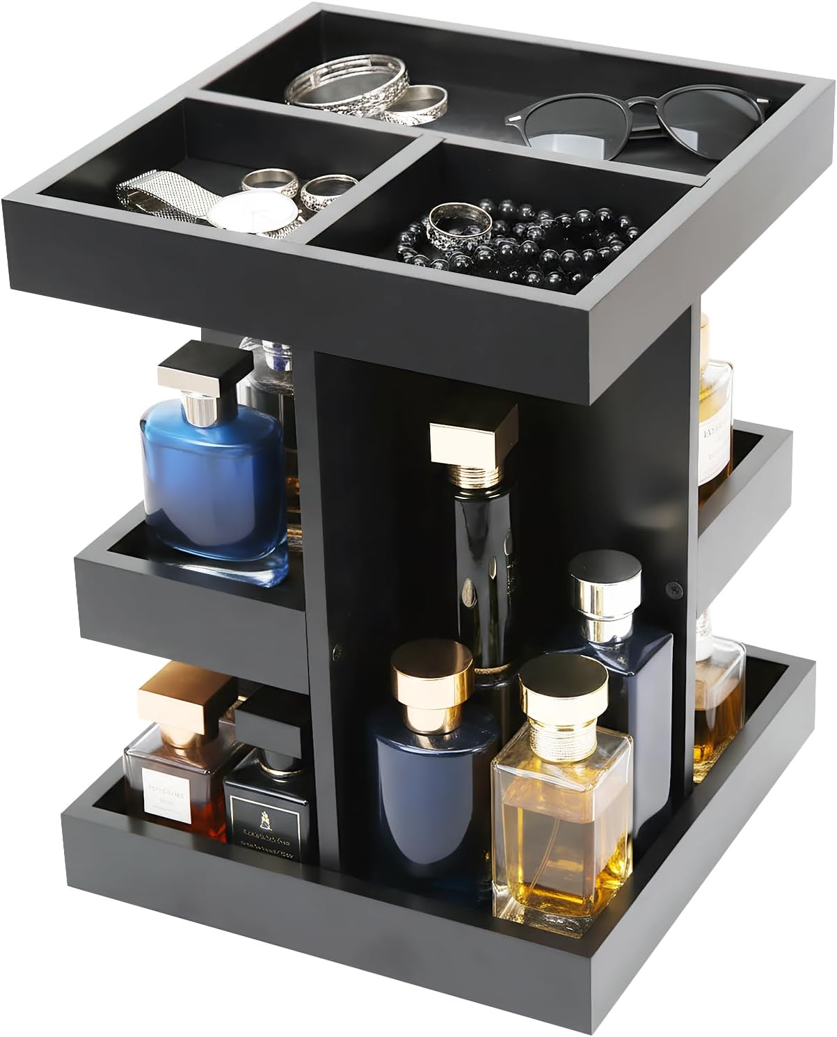 Cologne Organizer for Men, Wooden Perfume Display Shelf with Drawer and Hidden Storage, 3 Tier Fragrance Stand for Dresser, Gift for Dad Husband Boyfriend, Black