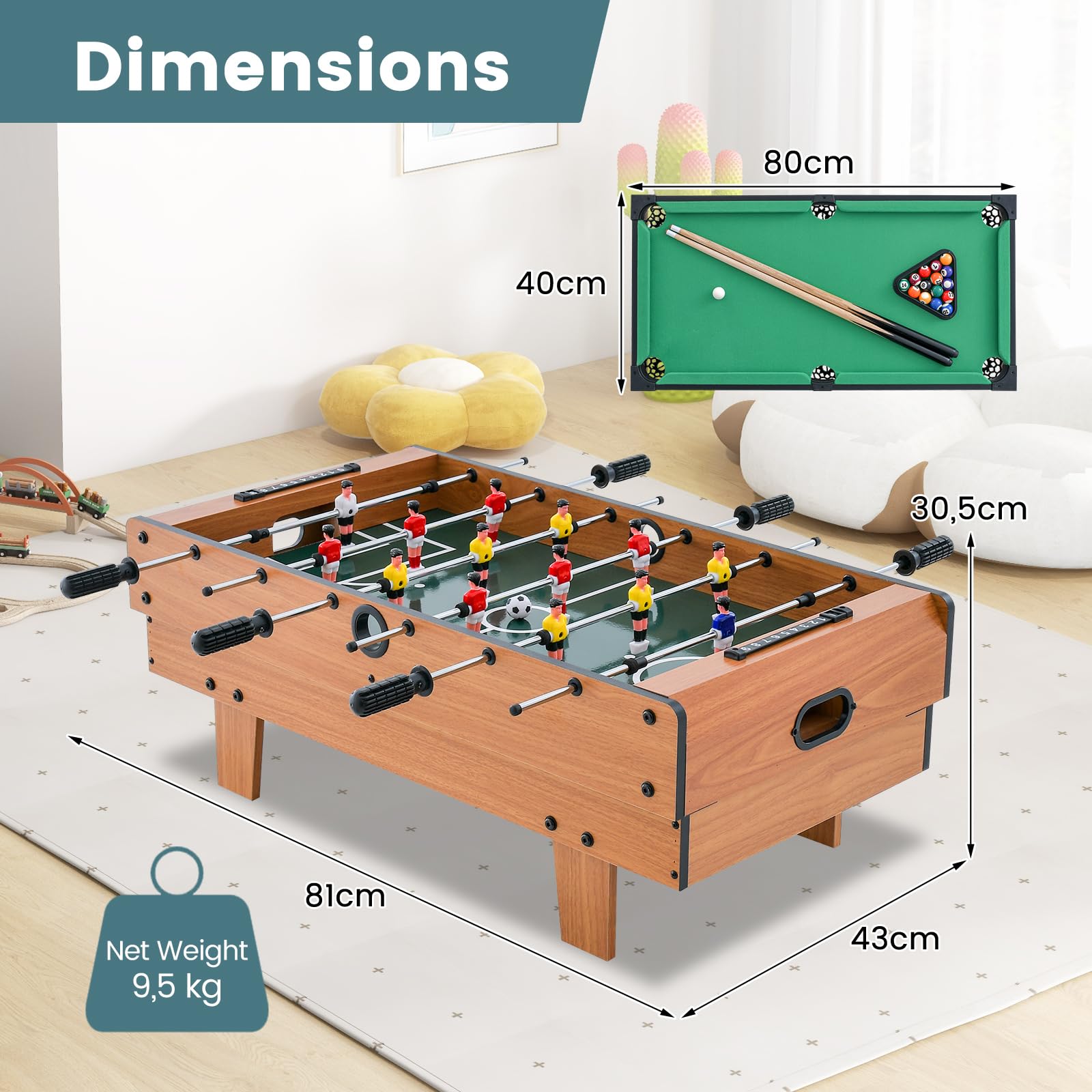 FANTASK Tavolo da gioco 4 in 1 Multifunzione con Manico Antiscivolo, Calcio da Tavolo & Biliardo & Air Hockey & Ping-pong, Calcio Balilla in Legno per Sala Giochi, Bars, Calcio da Tavolo per Bambini