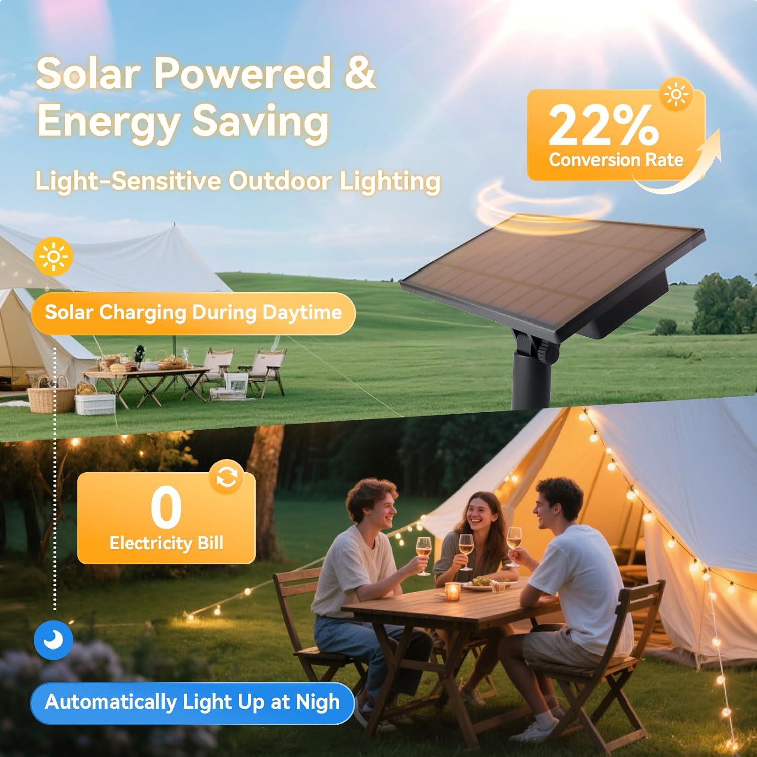 HJQ 60FT Solar String Lights Outdoor Waterproof, Patio Lights Solar Powered with Remote & USB Port, 20+1 LED Shatterproof Bulbs, 3 Light Modes, Dimmable Solar Hanging Lighting for Camping Yard Garden - Image 3