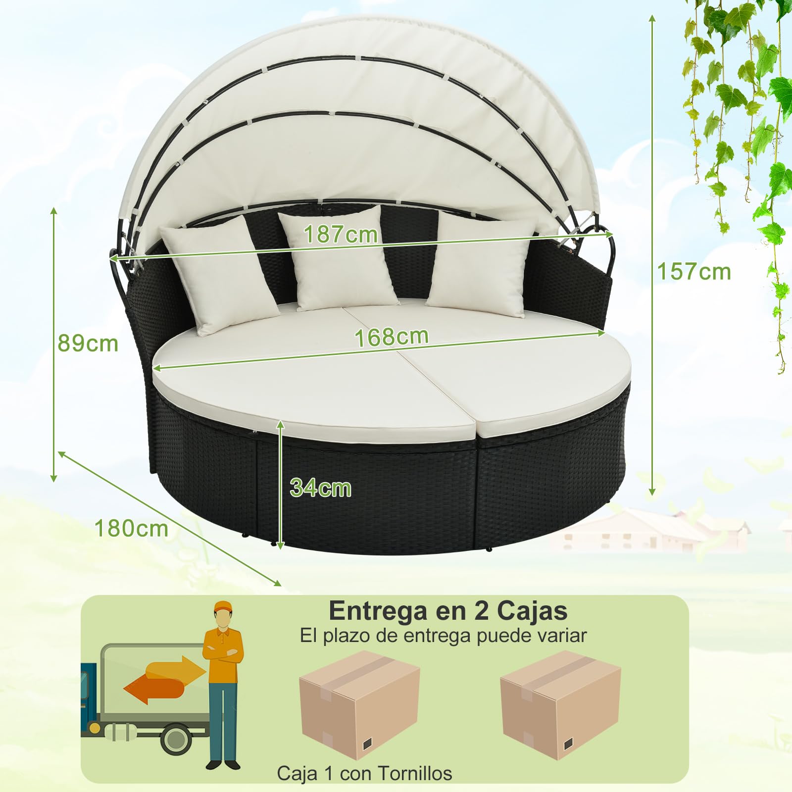 COSTWAY Tumbona Isla de Ratán Jardin, Toldo Plegable, Isla de Ratán con Cojines y Almohadas, Protección UV, Cama Isla Exterior (Blanco)