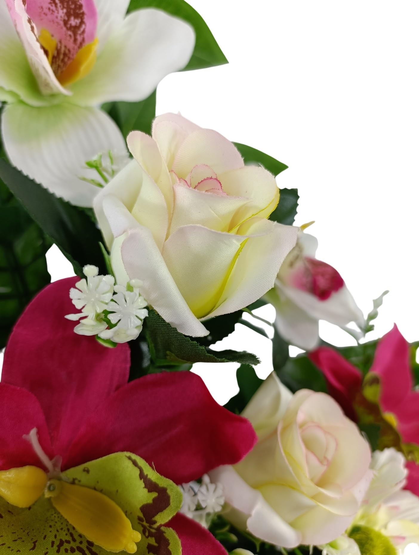 DRW Centro Flores Artificiales Cementerio, Santos, Iglesias, Aniversarios, Ceremonias, Bodas Rosa y Fucsia con orquideas, Rosas y capullos 70x65x30 cm