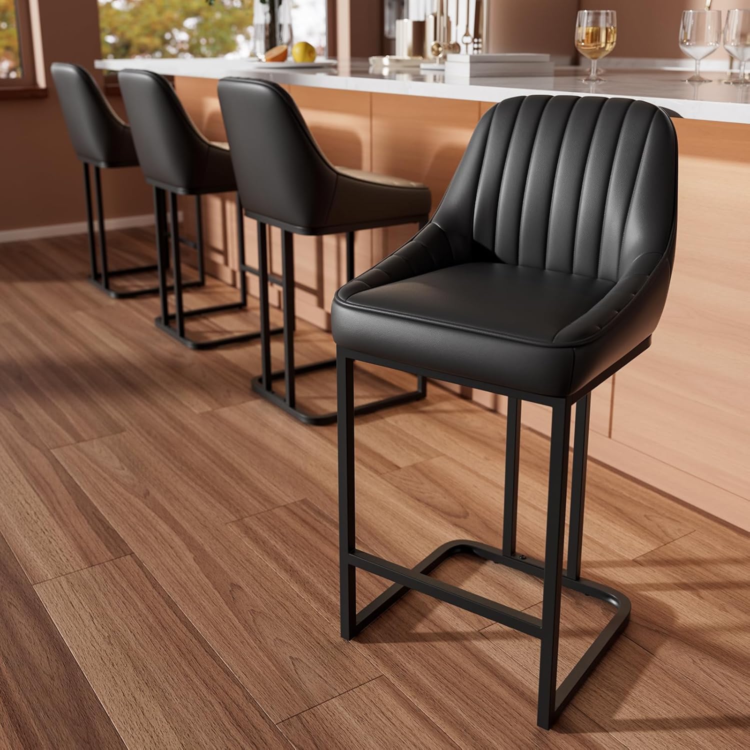 Bar Stools Set of 4, 24 Inch Counter Height Bar Stools with Back and Metal Frame, Upholstered Leather Barstools for Kitchen Island, Home Bar, Counter, Support 300 LBS, Black