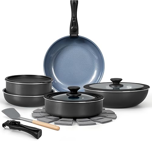 Miniatura 13 de Juego de 17 ollas y sartenes antiadherentes, juegos de utensilios de cocina con mango desmontable, herramientas de cocina antiadherentes para