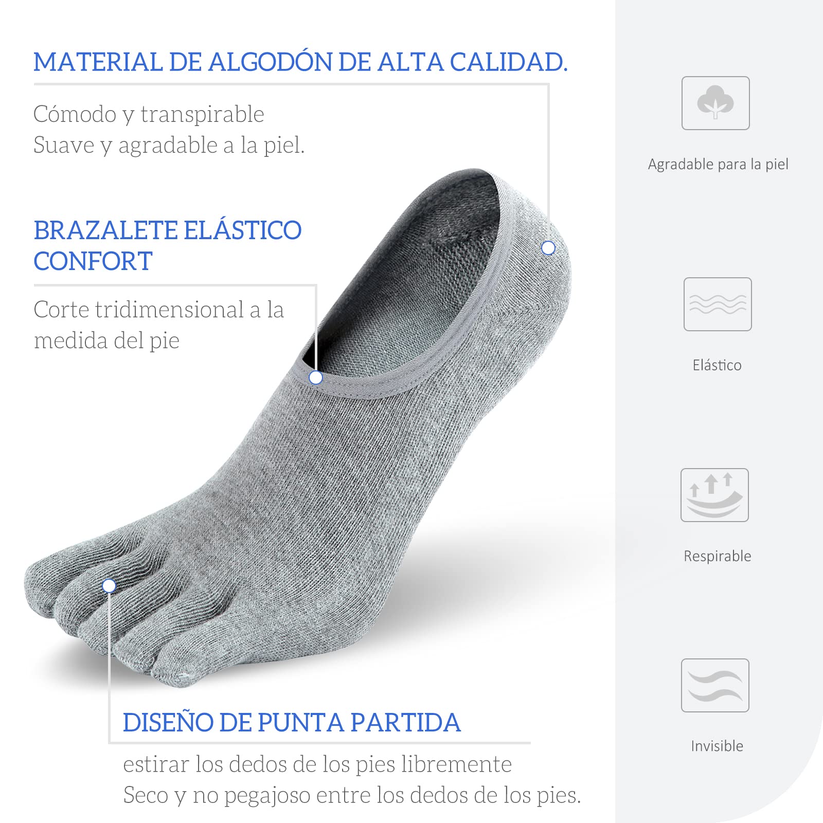 PUTUO Calcetines Invisibles de Dedos Hombre: Calcetines de Cinco Dedos Tobilleros de Algodón para Hombres Calcetines de Deporte de Corte Bajo con Silicona Antideslizante Talla 39-46, 4 Pares
