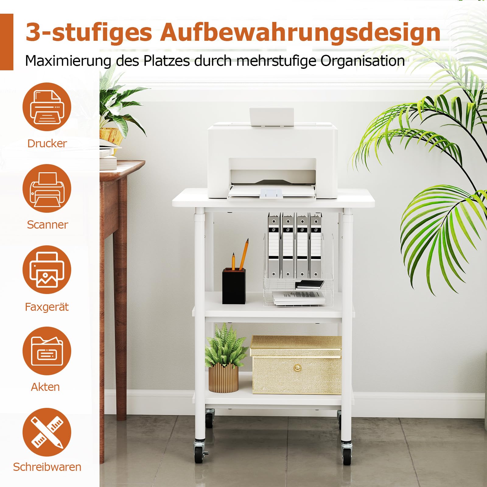 COSTWAY 3-stufiger Druckerständer höhenverstellbar, Druckerwagen mit Ablageflächen & Rollen, Aufbewahrungswagen mobil, Maschinenständer für 3D-Drucker, Faxgerät 49 x 40 x 77 cm (Weiß)