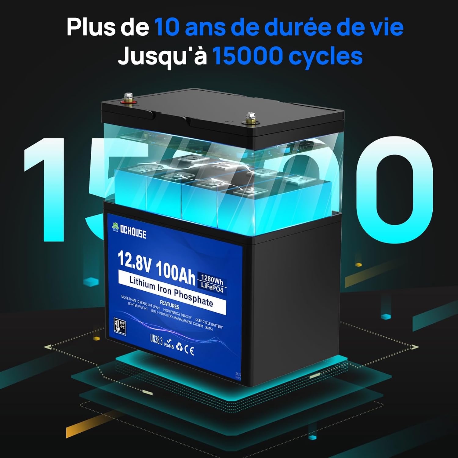 Batterie DCHOUSE 12V 100Ah LiFePO4, BMS 100A ameliore, jusqu'a 15000 cycles, batterie au lithium 1280Wh, parfaite pour les camping-c - photo 2