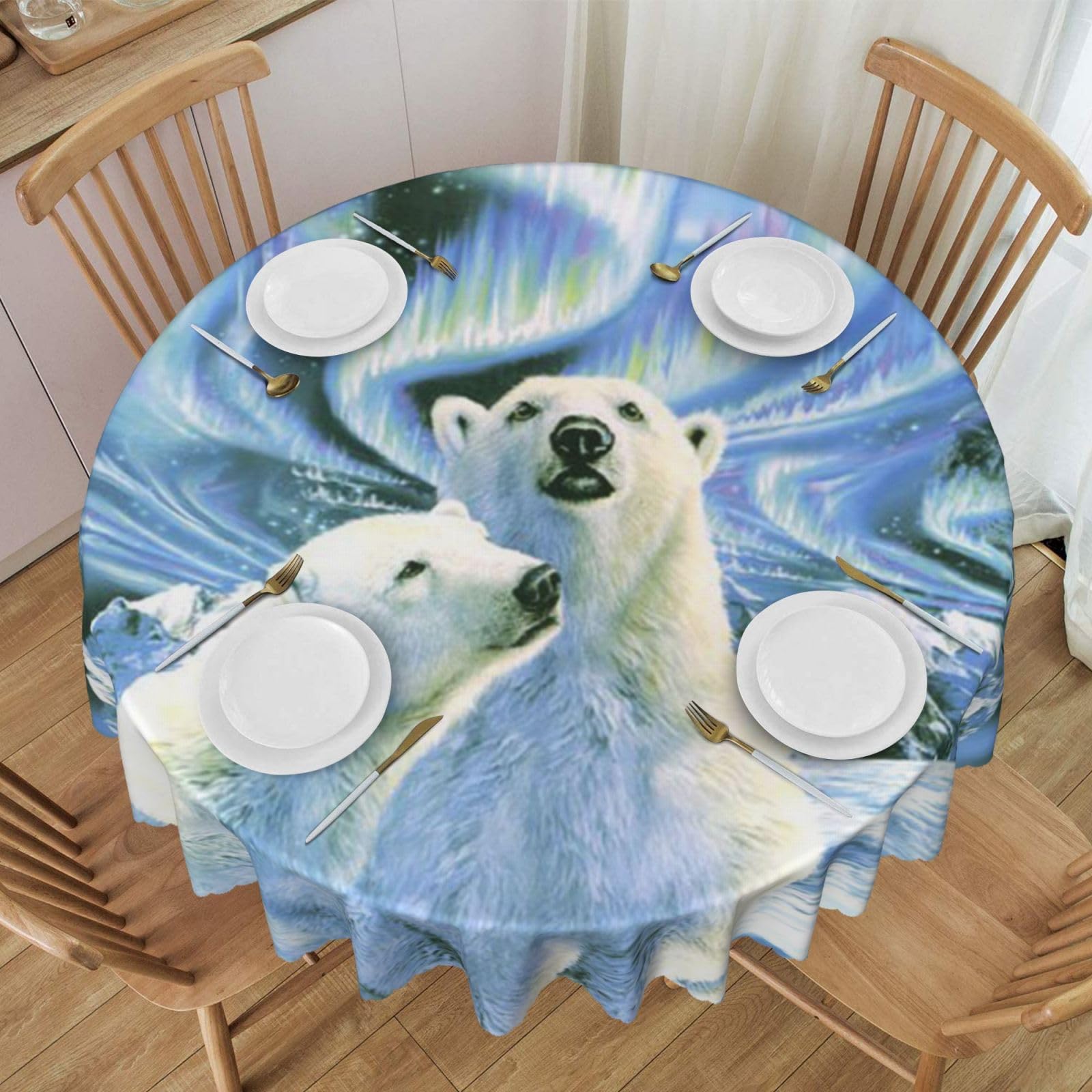 DCEHGEW 60 In Round Tablecloth with Lace, Polar Bears Northern Lights Printed Oilproof & Washable Fabric Picnic Table Cloth Table Covers