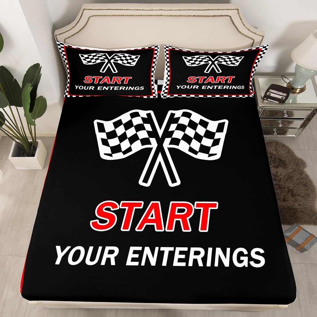 Feelyou Kids Green Racing Car Fitted Sheet Queen Size, Extreme Sports Bed Sheet Set Boys Girls Karting Road Bedding Set Teens Bedroom Decor 3Pcs (No TOP Sheet)