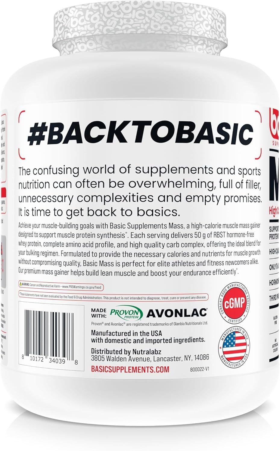 BASIC SUPPLEMENTS Mass Gainer Protein Powder, Supports Muscle Growth & Recovery, 50g Protein, 190g Carbs, 1030 Calories, Gluten-Free, RBST-Free, No Artificial Colors
