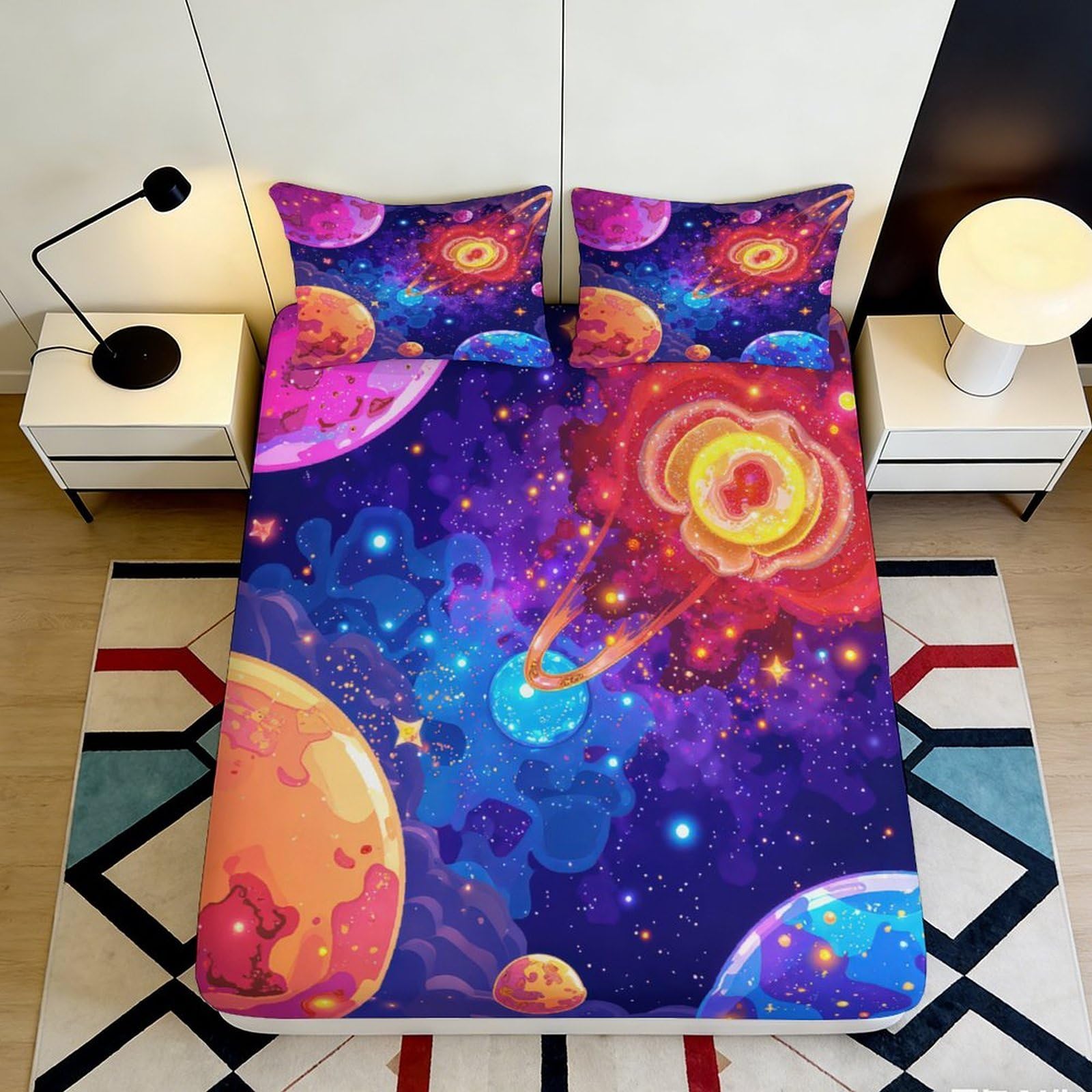 3D Printed Galaxy Starry Sky Fitted Sheet Microfiber Vibrant Cosmic Nebula Mattress Cover Bedroom Decor Easy Care 90x200x25cm