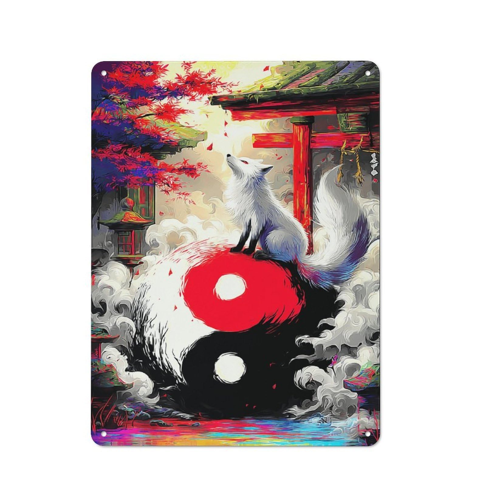 Junmoney Fox Spirit In Yin-Yang Harmony Vintage Tin Wall Plaque 40X30cm For Kitchen Or Home Bar, For Vintage Wall Decor Fans, For Themed Room Decoration