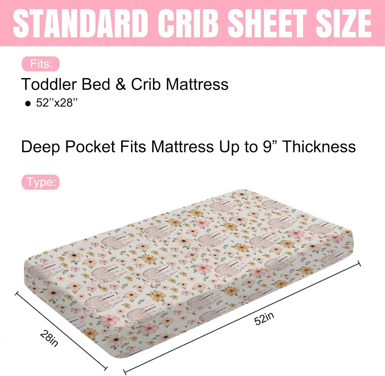 Cute Lambs Boho Retro Flowers Baby Crib Sheet 52''x28'' Baby Animal Floral Stretchy Fitted Crib Mattress Sheet Covers for Boy Girl Nursery Bed Sheet for Standard Crib and Toddler Mattress