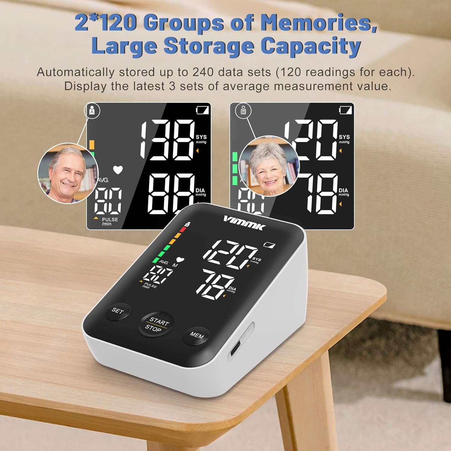 Monitor de presión arterial Vimmk que muestra la función de memoria de doble usuario