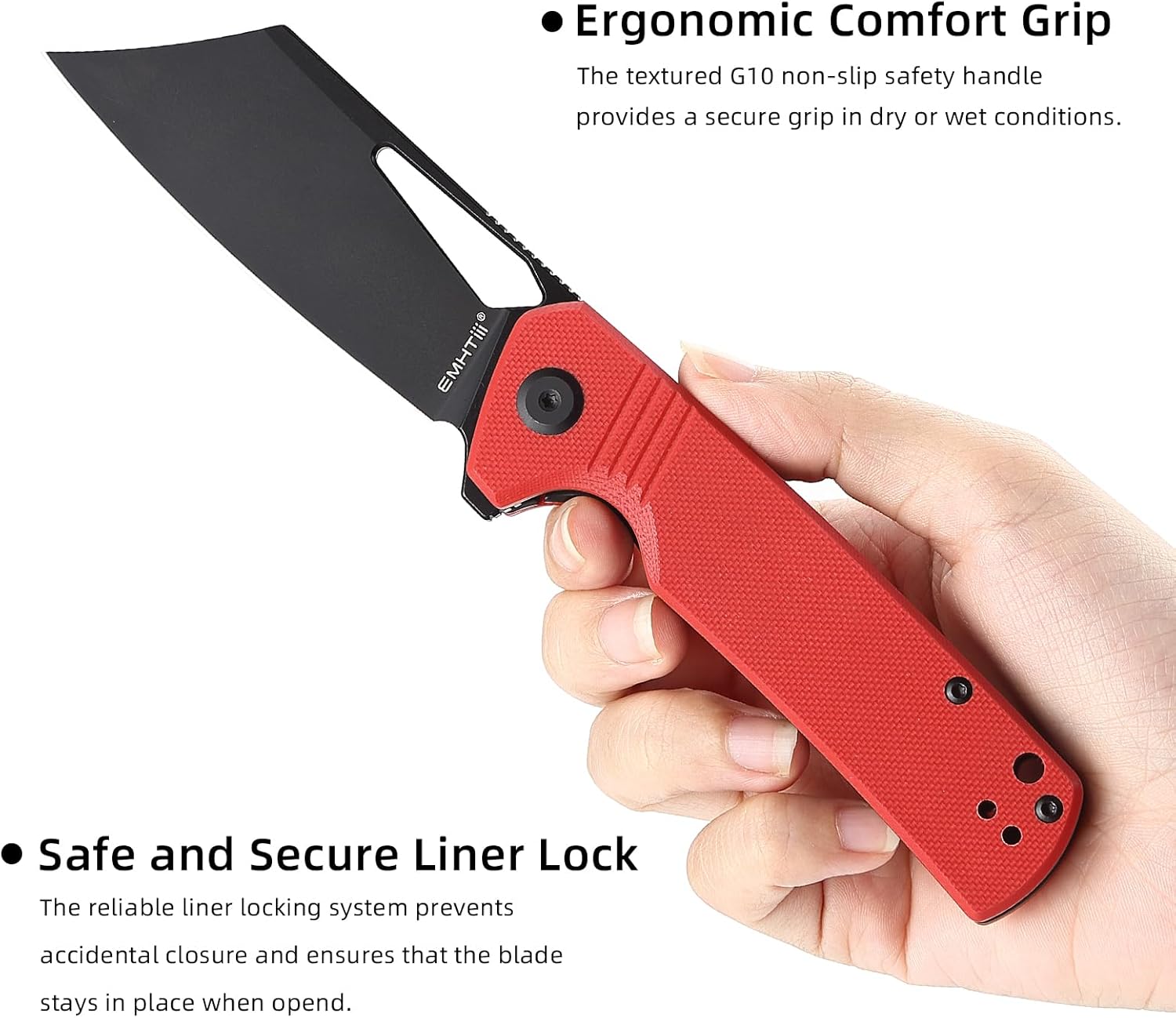 D2 Steel Pocket Folding Knife Cleaver - 3.54" Black Blade G10 Handle with Reversible Clip, Liner Lock, Camping EDC Flipper Knives for Men & Women, Red
