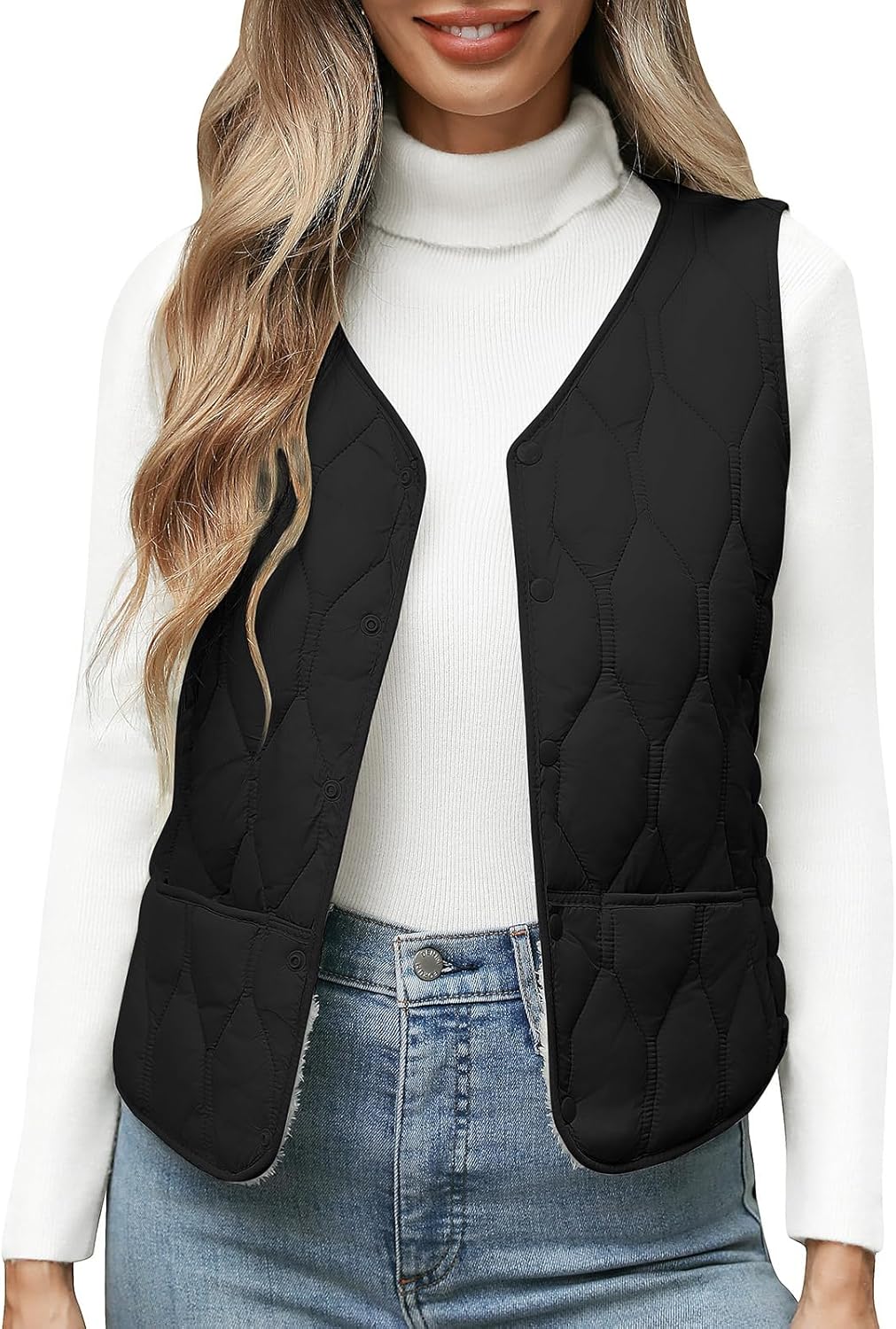 Yuson Girl Damesvest, mouwloos, fleecejas, winter, warm, bont, knoop, jas, grote maat, chique, warm, waistcoat, kort, elegant, sherpa-vesten, molton, jassen met zakken, Kaki, XL/Grote Maat