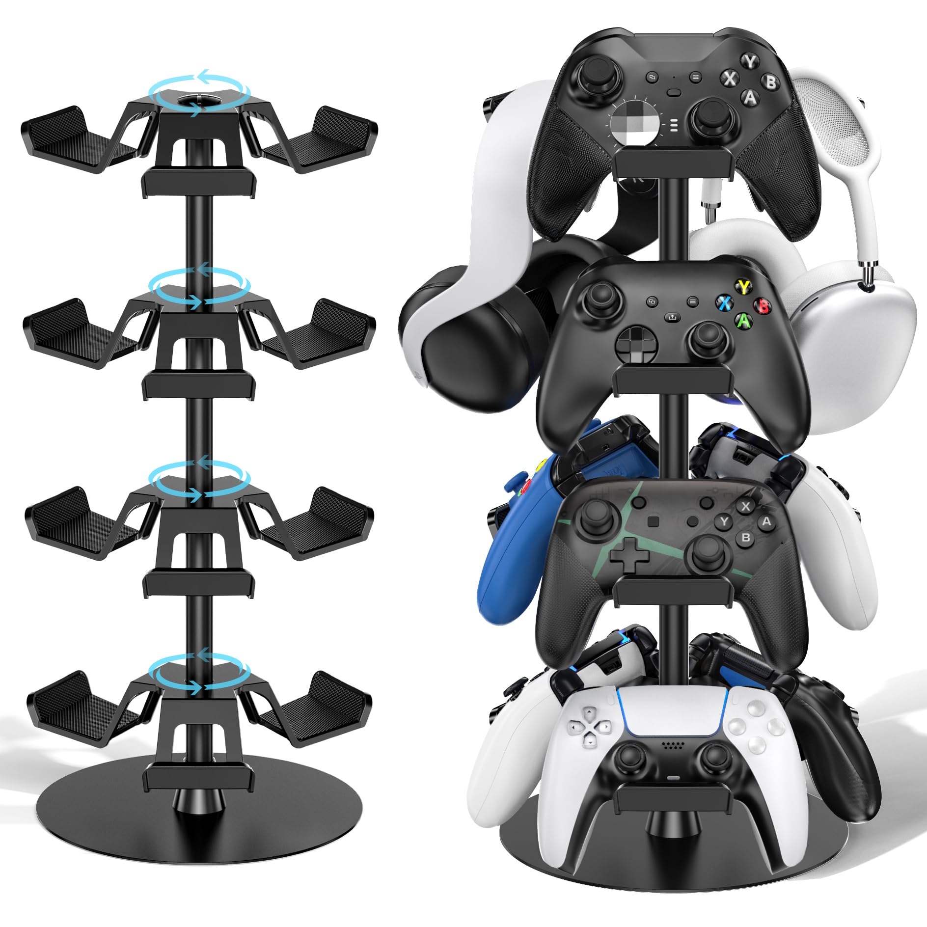 Supporto per Controller e Cuffie, Porta Cuffie da Scrivania, Porta Cuffie Gaming a 12 Grandi Capacità, Porta Joystick PS5 Girevole per Accessori da Gioco, Facile da Riporre e Assemblare, 4 Livelli