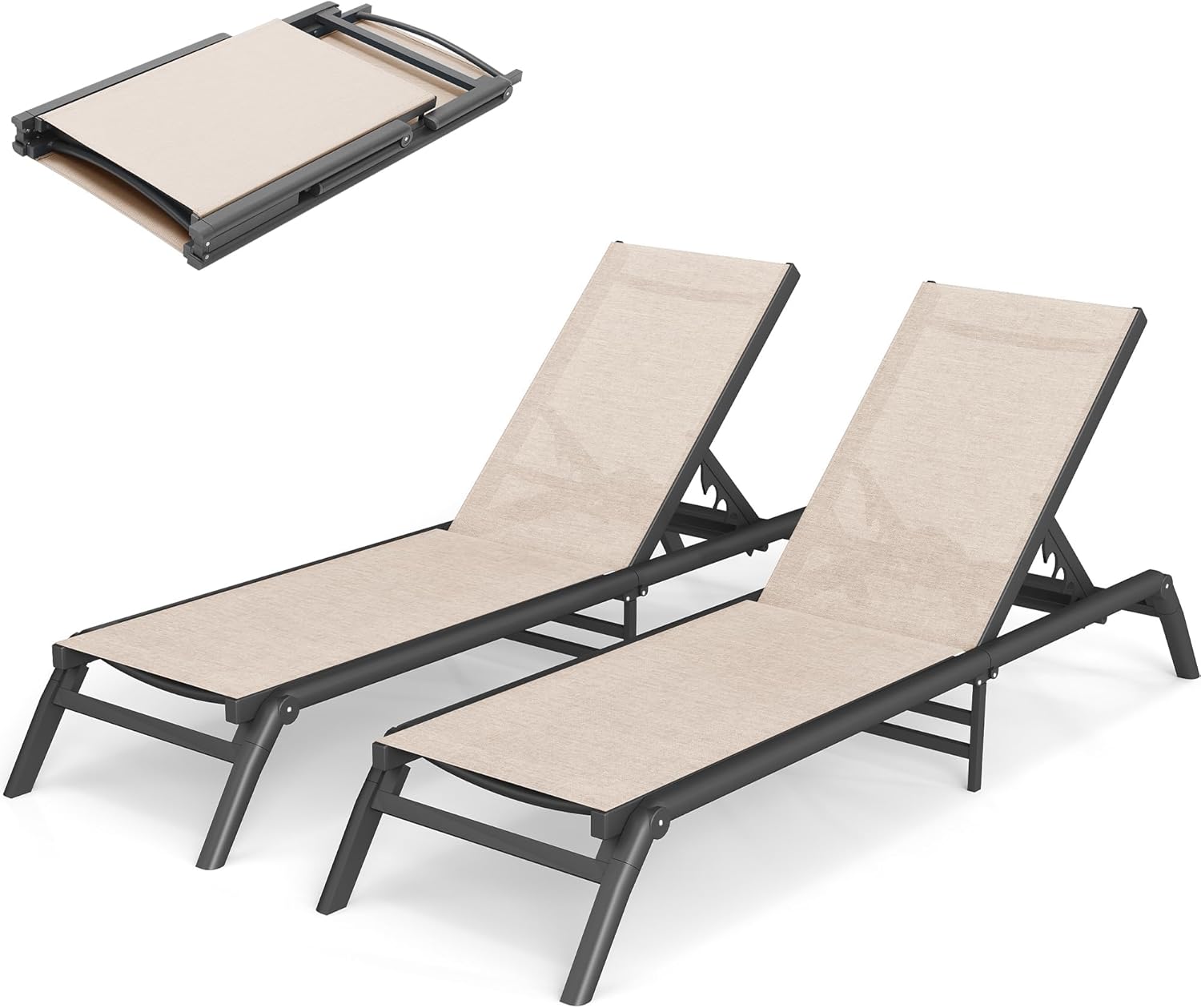 Murago Outdoor Chaise Lounge Chair Set of 2, No Assembly Foldable Lightweight Patio Lounge Chair, 5-Position Adjustable Backrest, Pool Lounge Chairs for Poolside, Beach, Patio, Lawn, Khaki