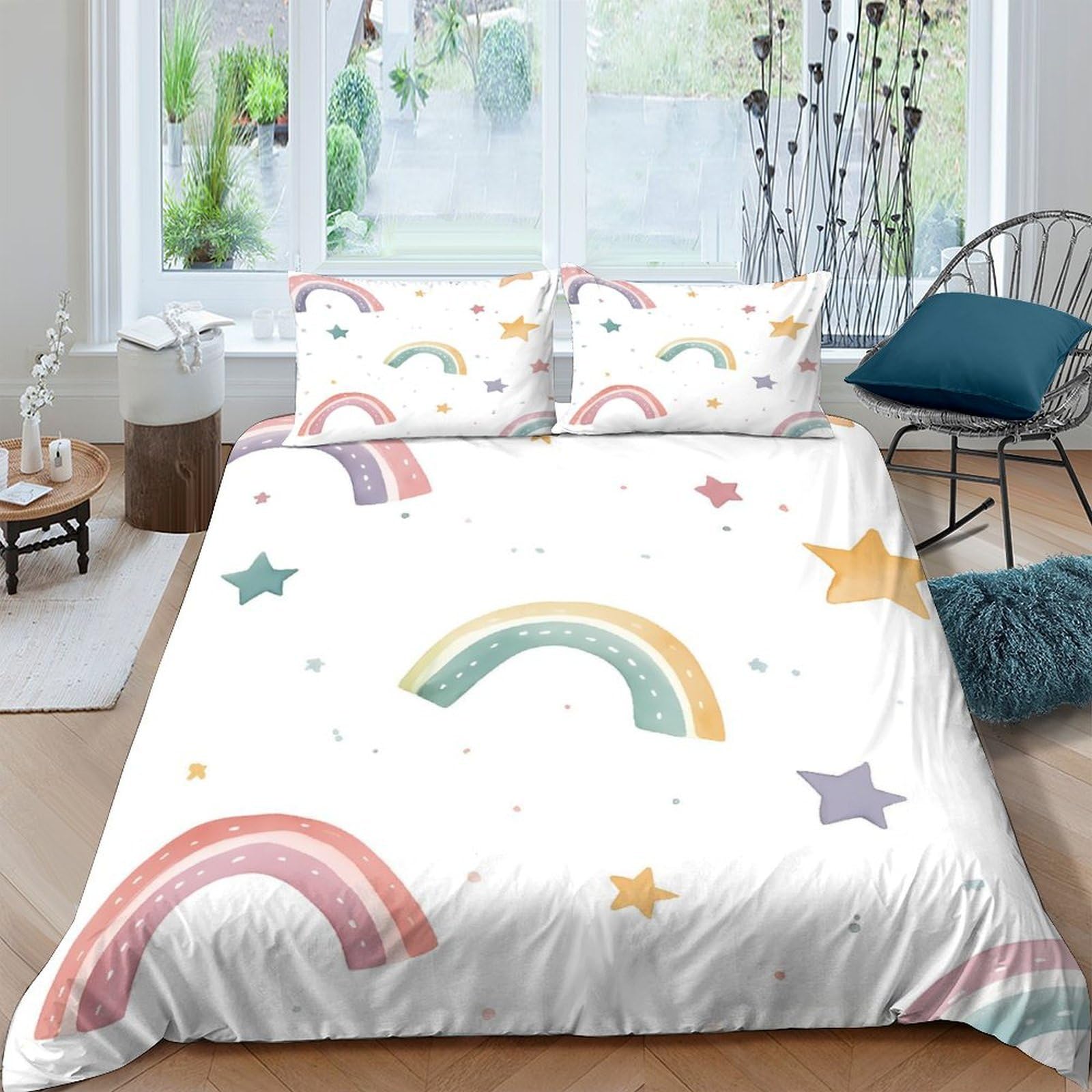 GPLZQXKJNH 3D Printed Rainbow Star Duvet Cover Microfiber Soft Pastel Cloud Bedding Set with 2 Pillowcases for Bedroom Decor Single（135x200cm）