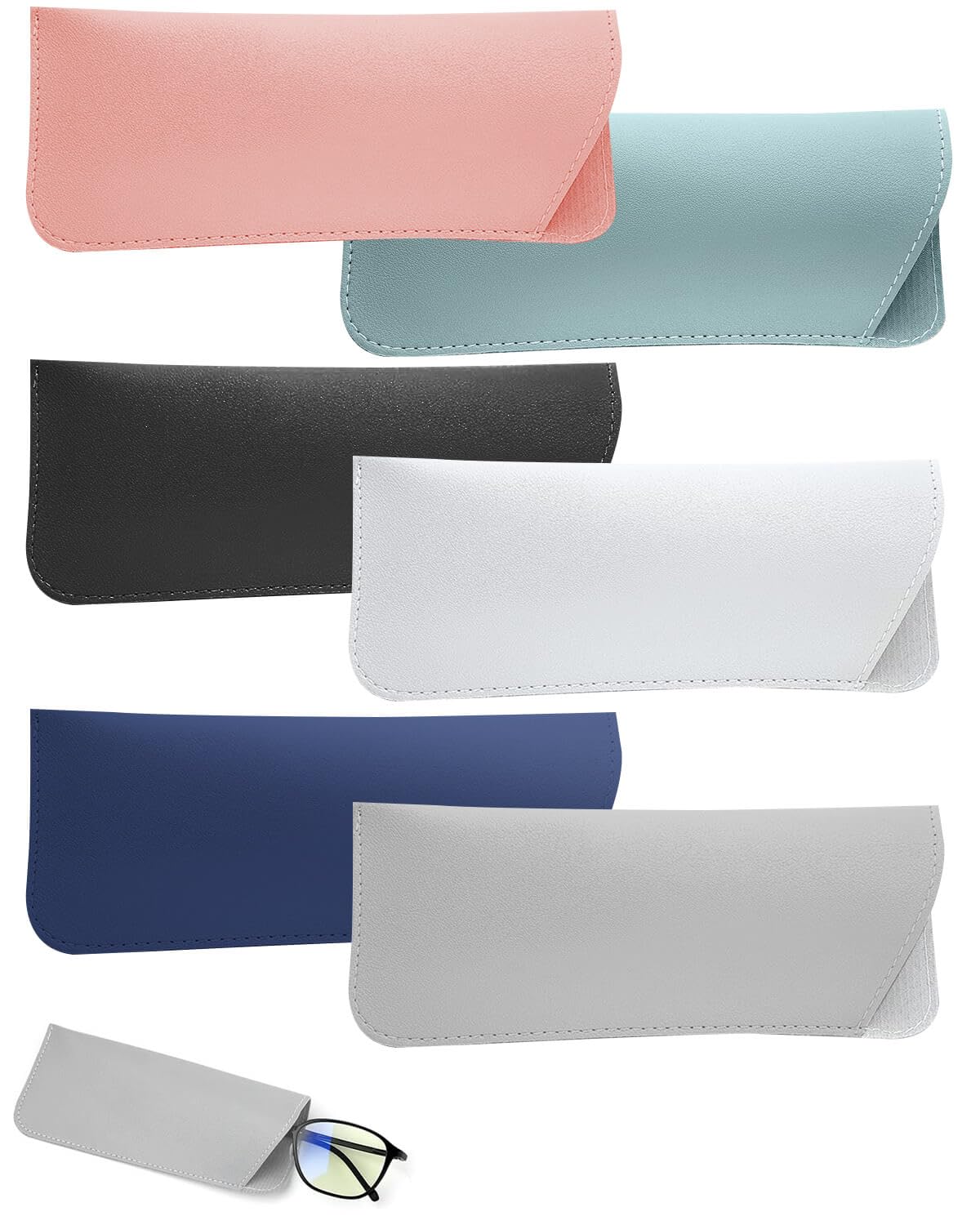 6 Pack Soft Eyeglass Cases Slim Reading Eyeglasses Cases Soft Leather Sunglasses Cases Portable Travel Glasses Storage Pouch for Men Woman（6 Colors）, Blue, Black,pink,light Blue,white,gray,-image-23
