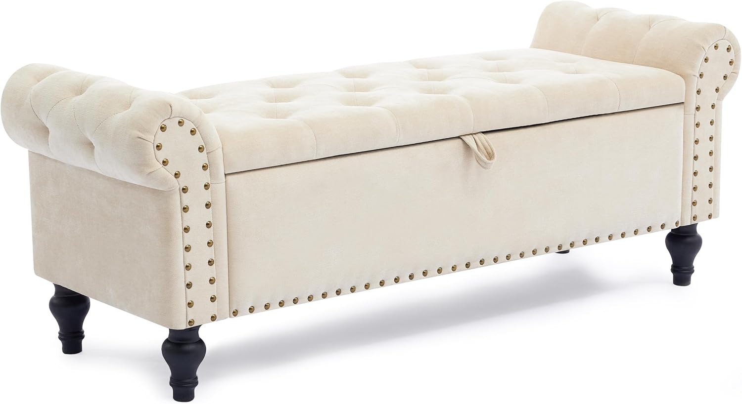 51" Bedroom Storage Bench, End of Bed Bench, Chenille Upholstered Benches, Ottoman with Storage, Window Benches with Rolled Arm and Nailhead Trim for Living Room, Entryway, Beige