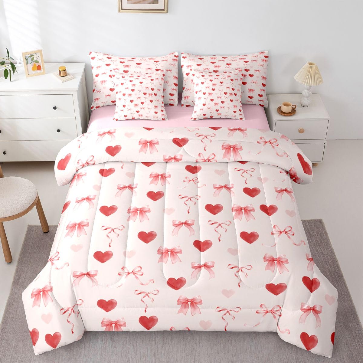 Erosebridal Coquette Bow 7 Piece Bed in A Bag Full Love Heart Bed in A Bag Ribbons Pink Valentine Bedding Sets for Kids Girls Bowknot Bow Tie Princess Sheet Set with Comforter