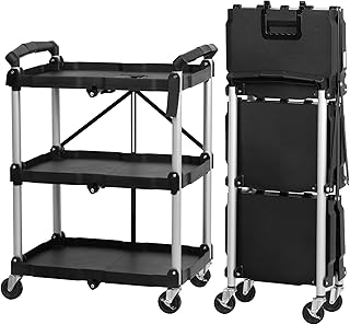 Mahlzeit Faltbarer Servierwagen mit Rollen | 64 x 40,5 x 82 cm, Bis zu 150 kg Belastbar | Schwarz | dreistufiges Faltregal, Klappregal mit 3 Etagen | Klappbares Standregal, Klappbares Regal