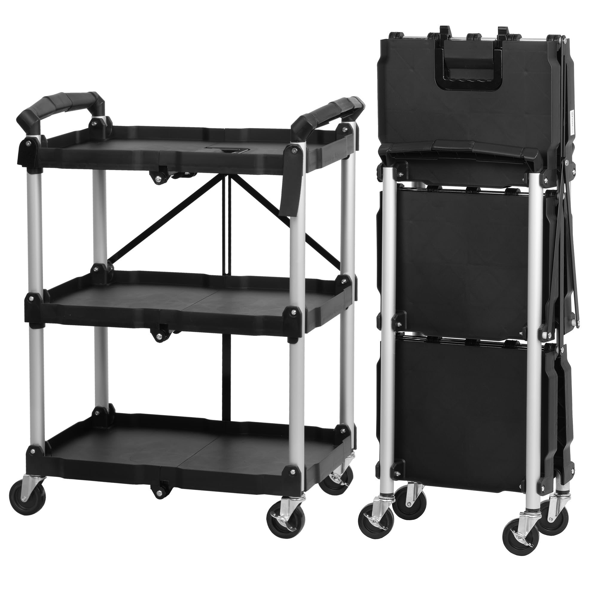 Mahlzeit Carrello di servizio pieghevole con rotelle | 64 x 40,5 x 82 cm, portata fino a 150 kg | ripiano pieghevole a tre livelli, ripiano pieghevole in piedi Ripiano di stoccaggio
