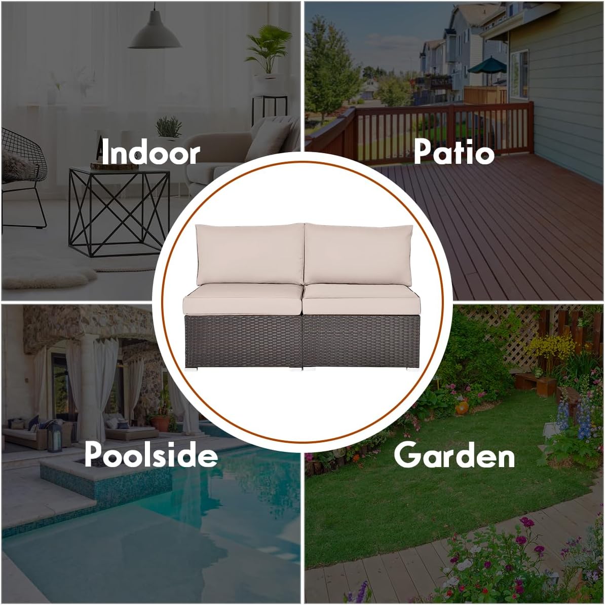 COSTWAY 2PCS PE Rattan Armless Sofa, Wicker Patio Conversation Set Chairs with Soft Cushion, Outdoor Sectional Furniture for Yard, Poolside (Beige)