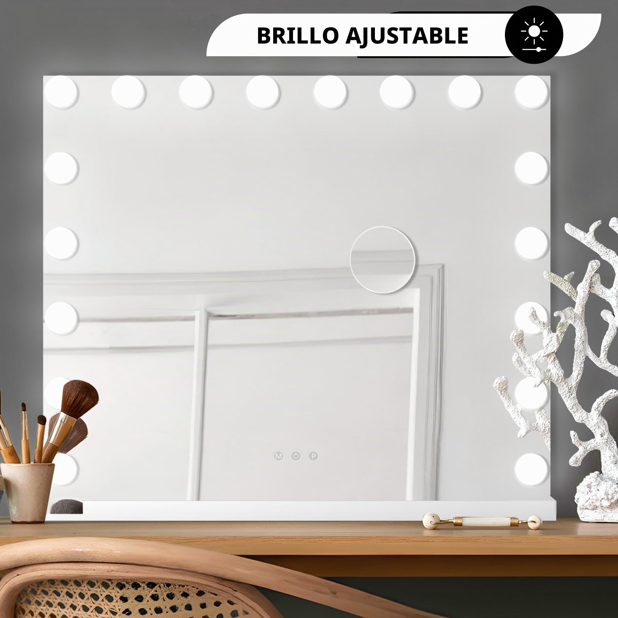 Bayt Hollywood Espejo - Espejo Maquillaje con luz - Espejo - Regulable - Aumento 10x - con iluminación y Bluetooth - 80x60 - (Blanco)
